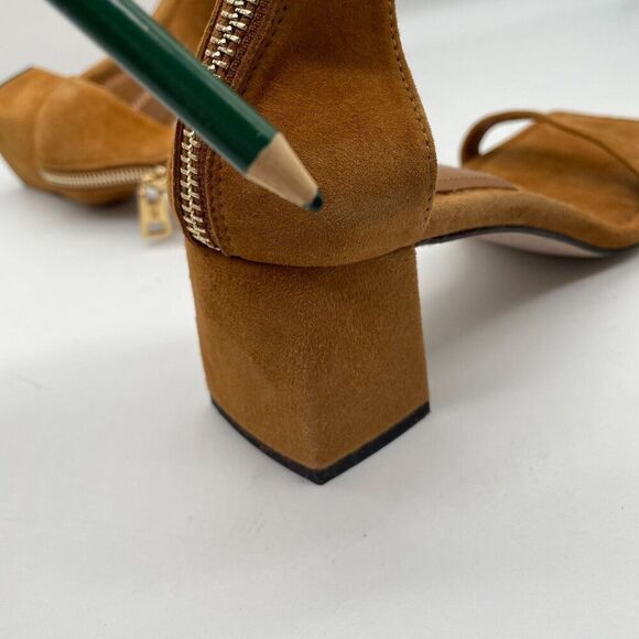 Good American Shoes Sz 5 Tan Suede Ankle Strap Heeled Sandals‎ Block Heel Dressy - Picture 11 of 11